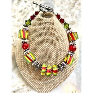 Handmade Lampwork Beads Red Yellow Green with Heart Charm #vintage #festive